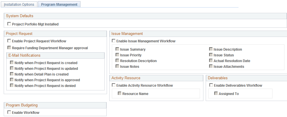 Installation Options - Program Management page