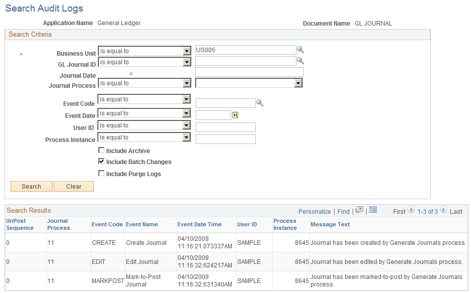 Search Audit Logs page