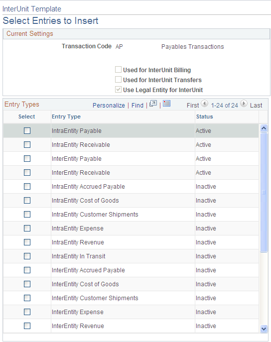 IntraUnit Template - Select Entries to Insert page