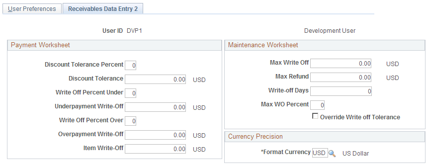 User Preferences - Receivables Data Entry 2 page