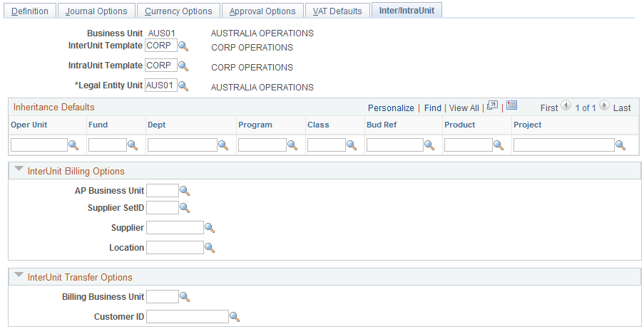 General Ledger Definition - Inter/IntraUnit page