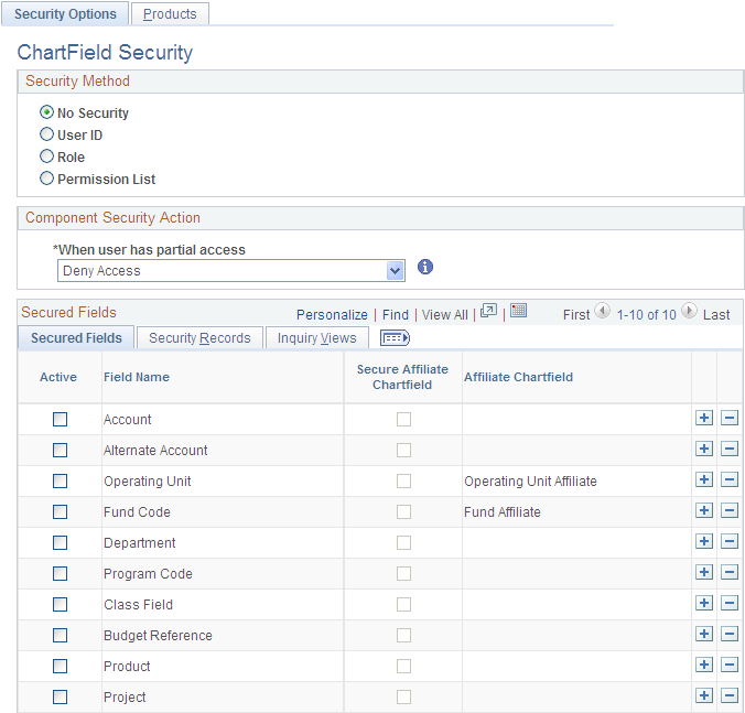 Security Options - ChartField Security page