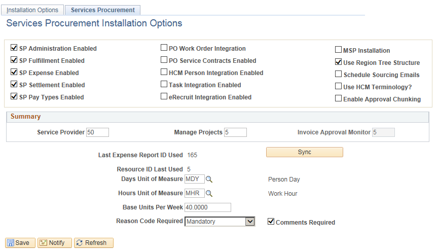 Services Procurement Installation Options page