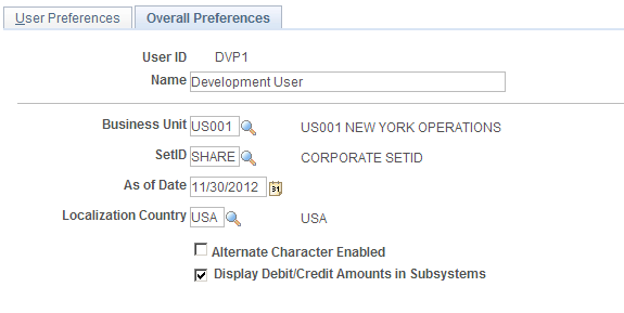 User Preferences - Overall Preferences page