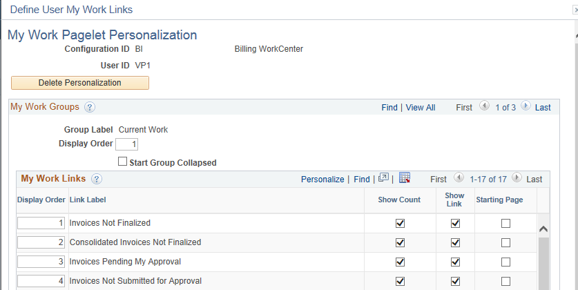 Define User My Work Links - My Work Pagelet Personalization page