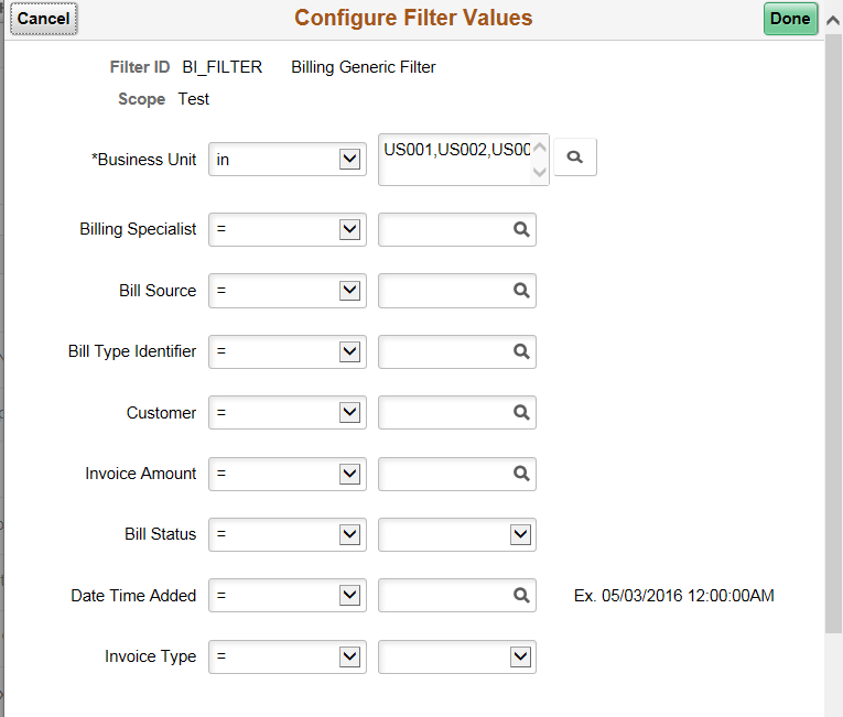 Configure Filter Values page (Fluid(