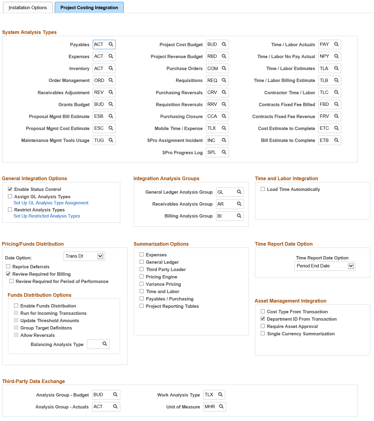 Project Costing Integration page