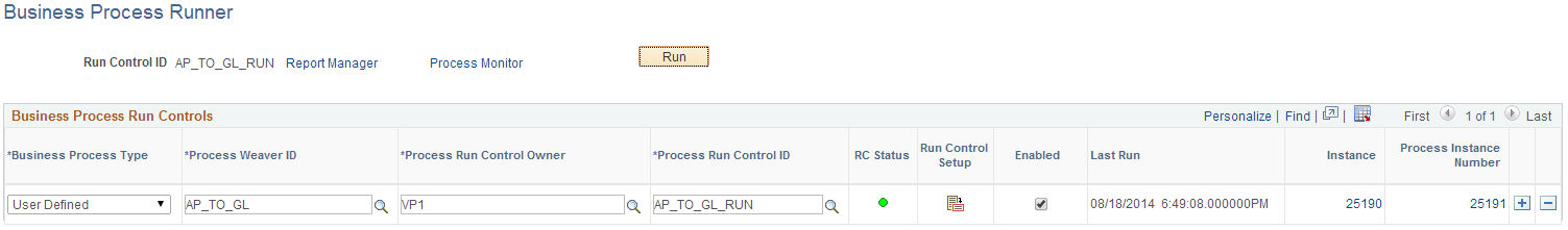 Business Process Runner page