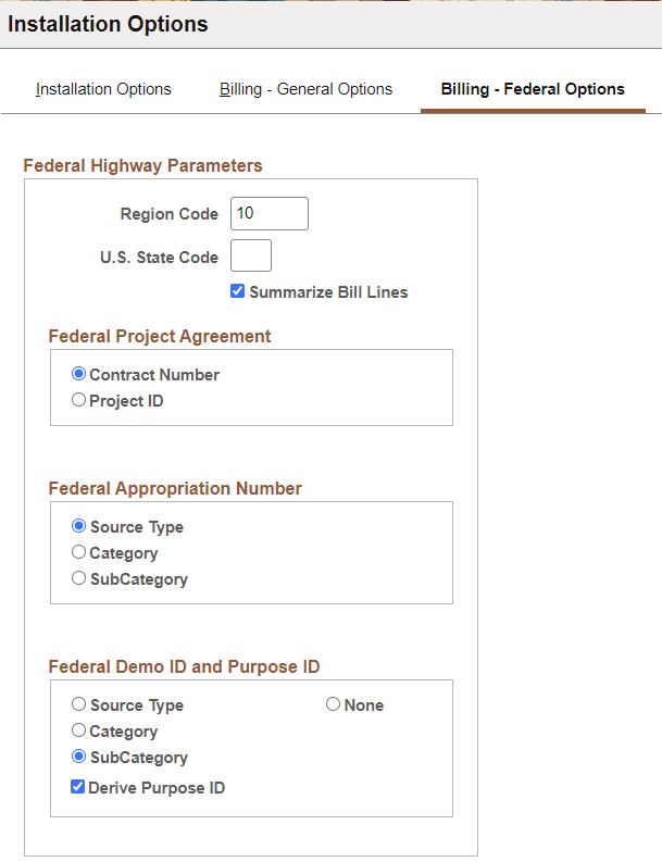 Installation Options - Billing - Federal Options