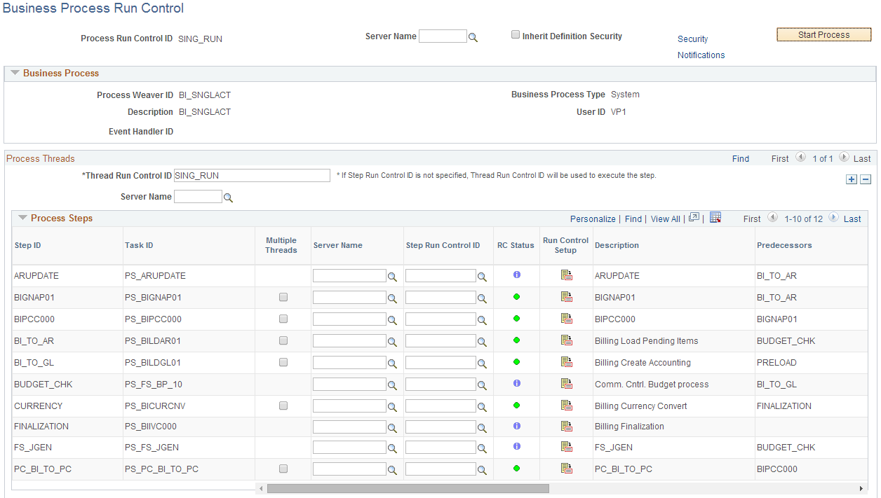 Business Process Run Control page (1 of 2)