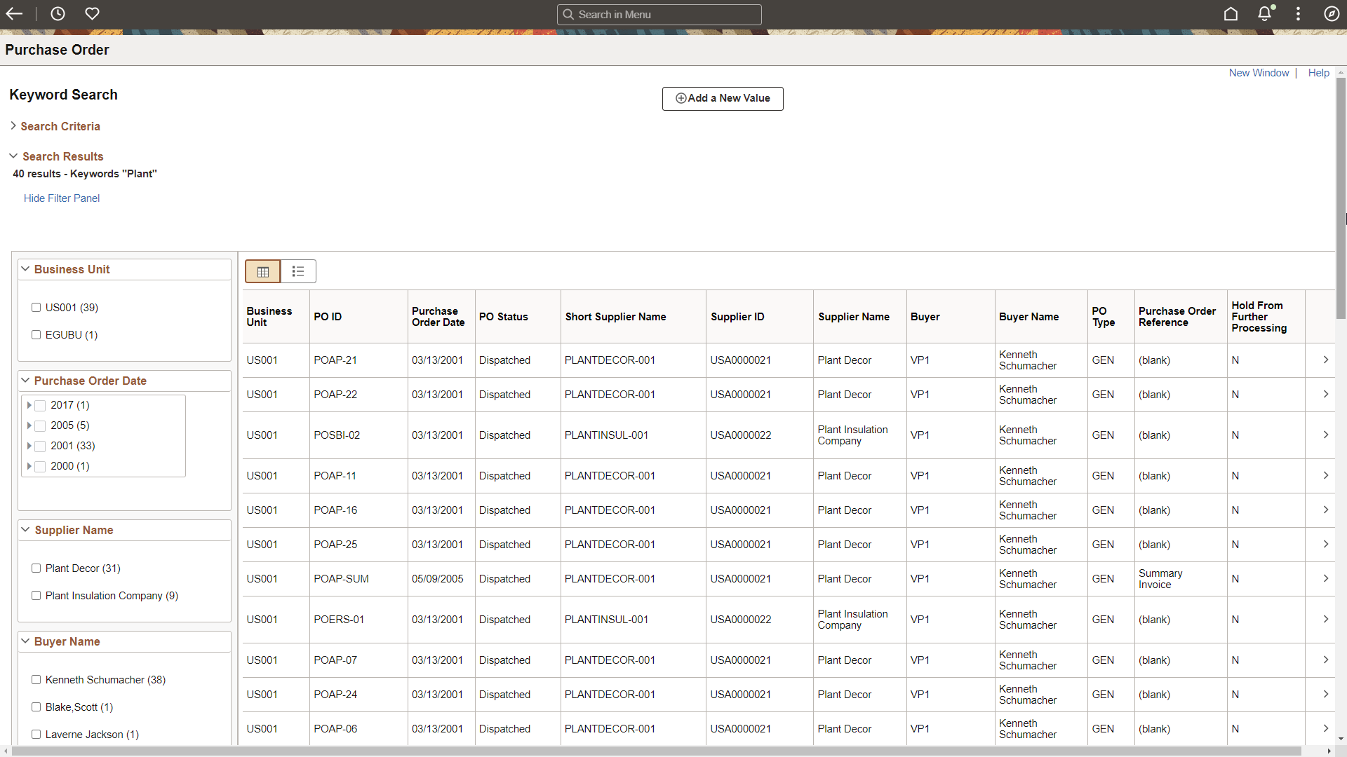 Purchase Order - Keyword Search Results