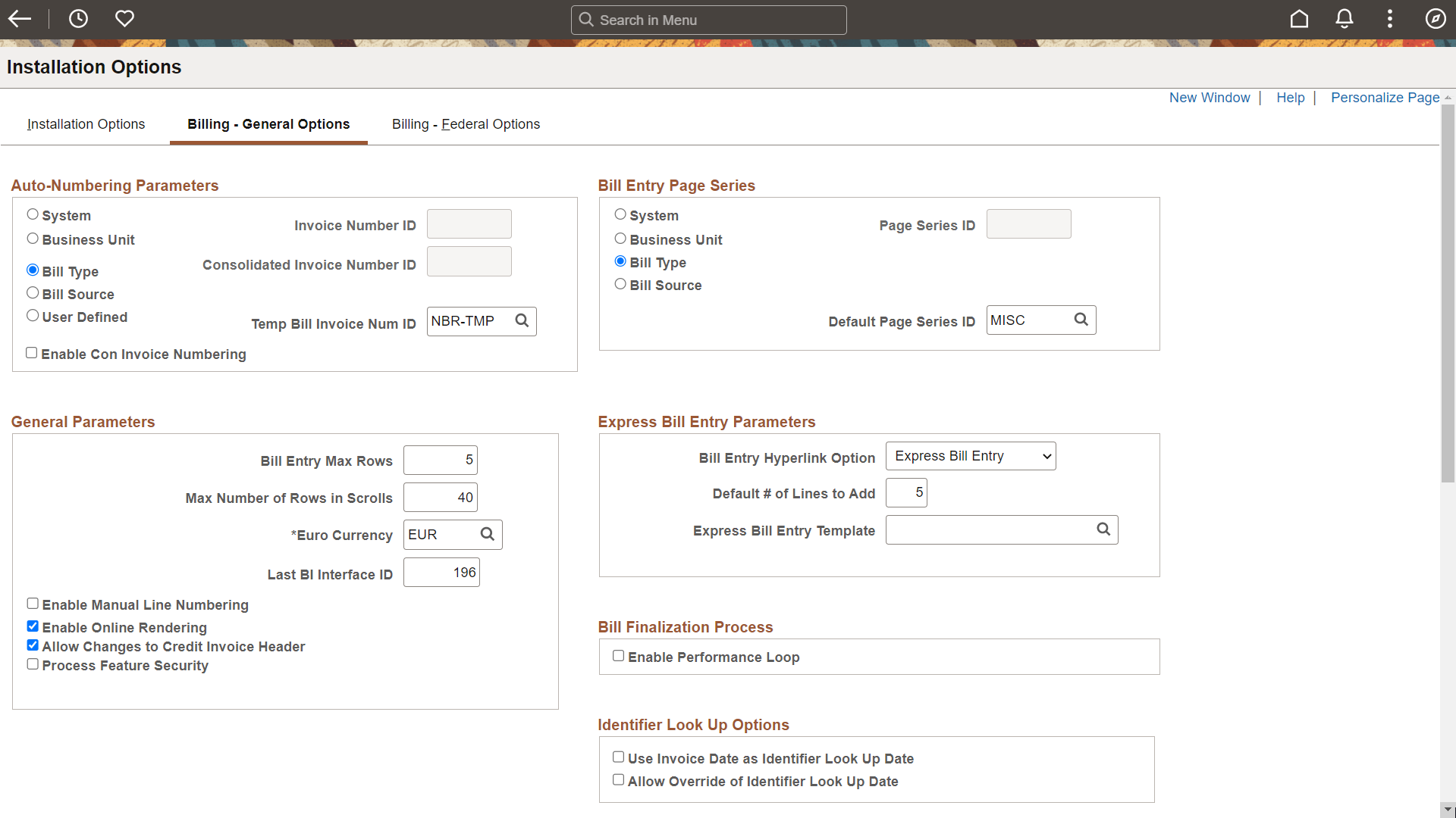 Installation Options - Billing - General Options (1 of 2)