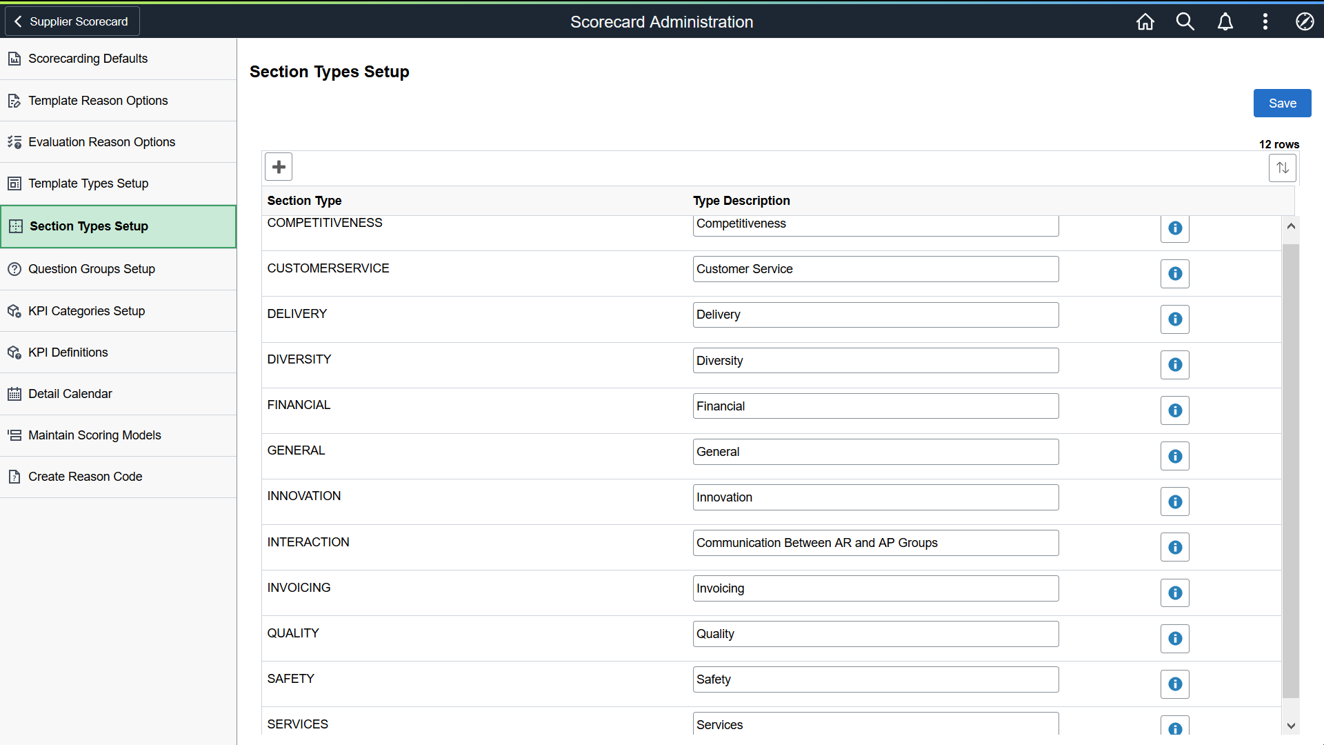 Section Types Setup Page