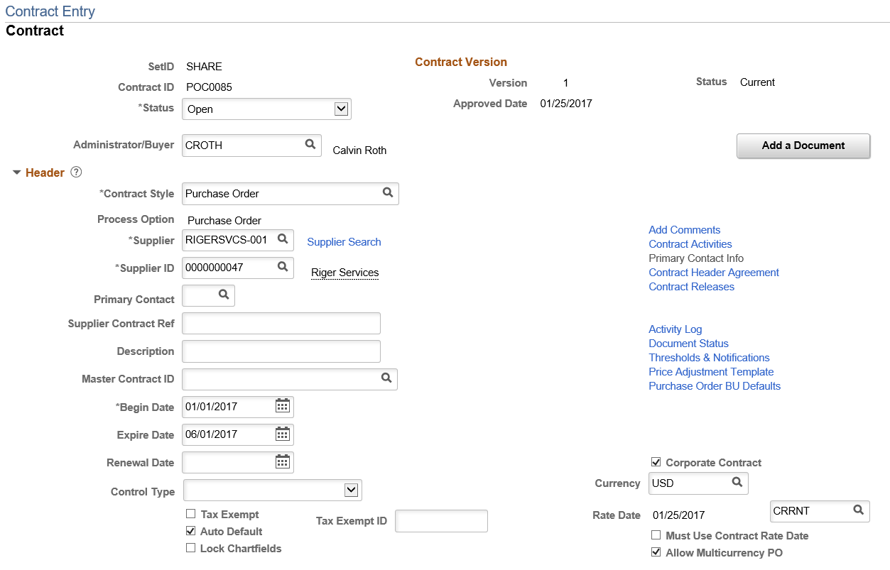 Contract Entry - Contract Page (Purchase Order) (1 of 3)