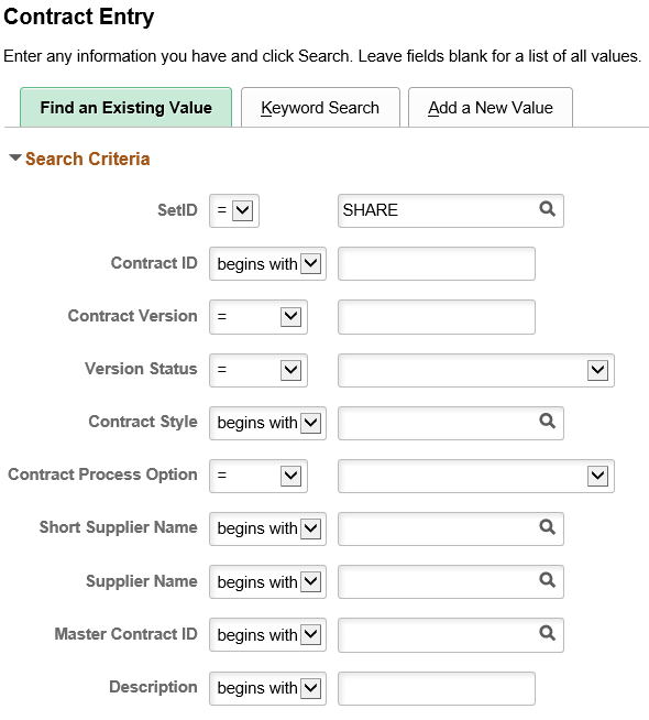 Contract Entry Page - Find an Existing Value