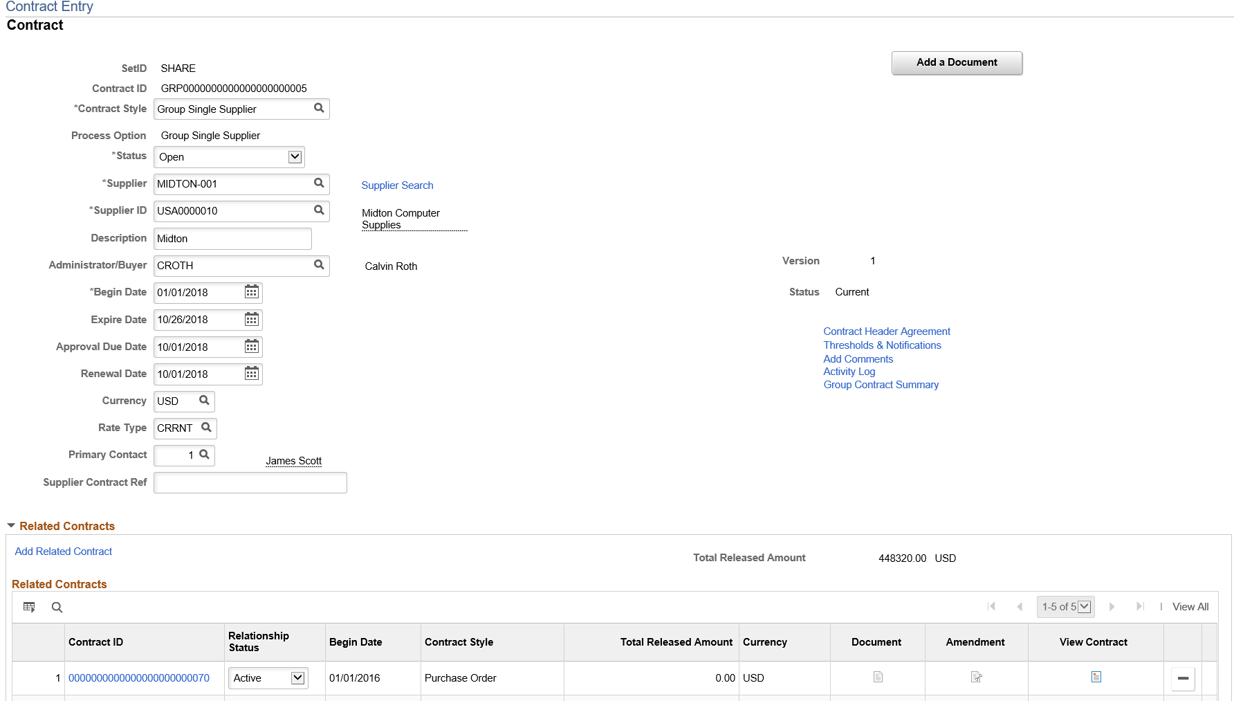 Contract Entry - Contract: Group Single Supplier page