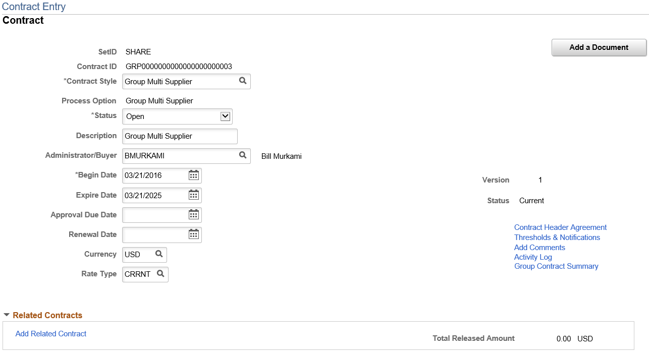 Contract Entry - Contract: Group Multi Supplier