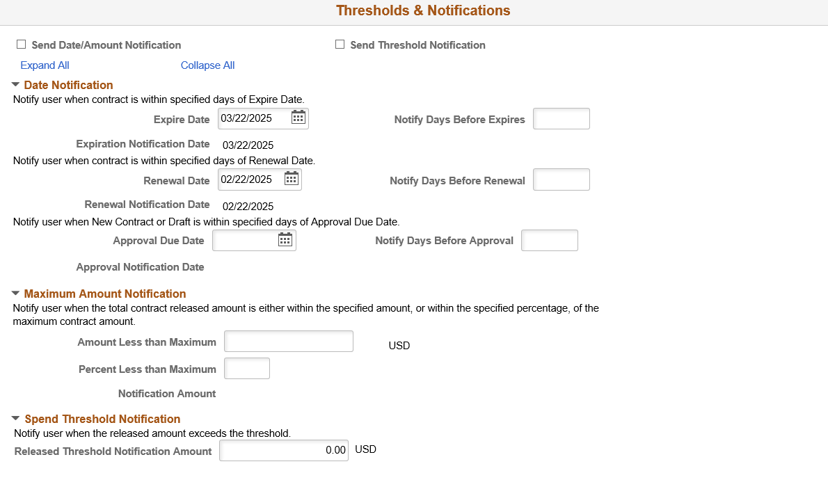 Thresholds and Notifications page (1 of 2)