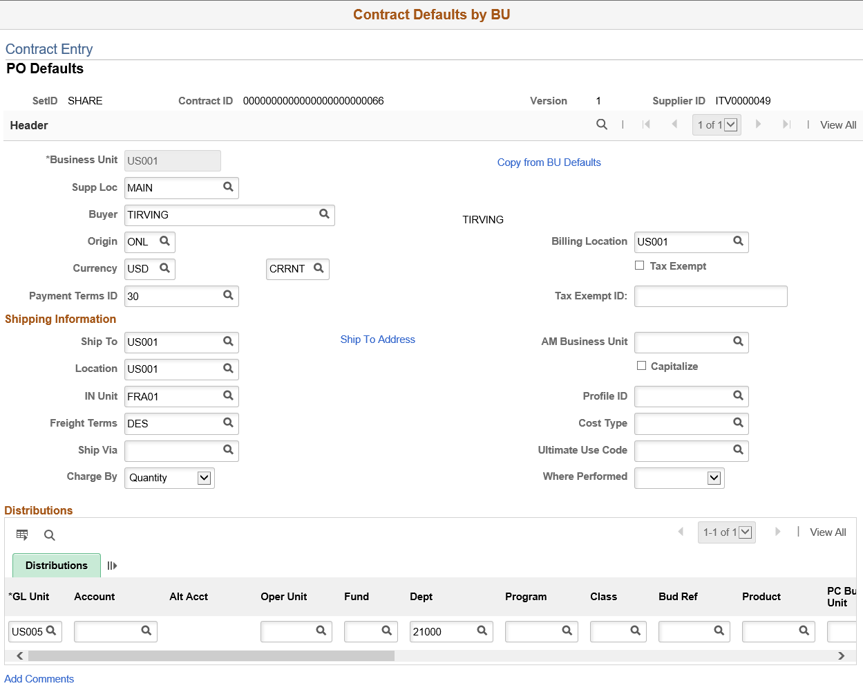 Contract Defaults By BU PO Defaults page