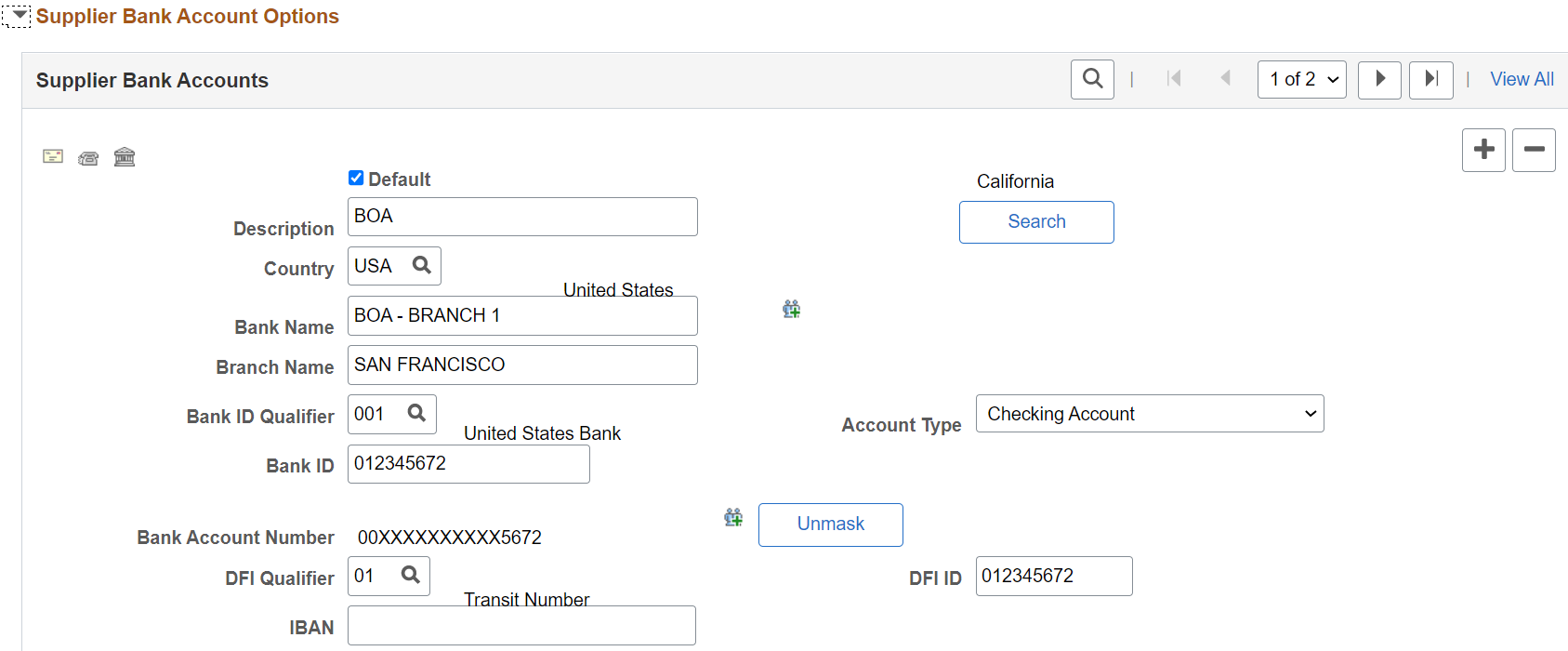 Payables Options page - Supplier Bank Account Options