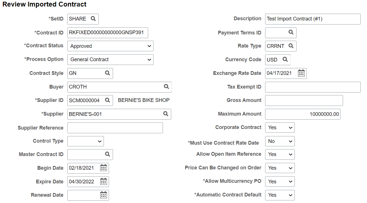 Review Imported Contracts page (1 of 2)