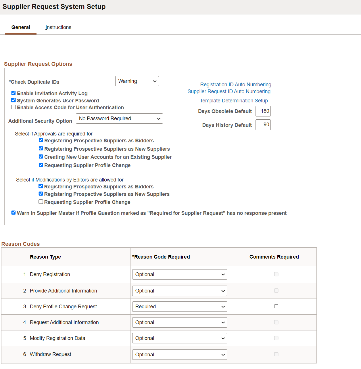 Supplier Request System Setup - General page (1 of 2)