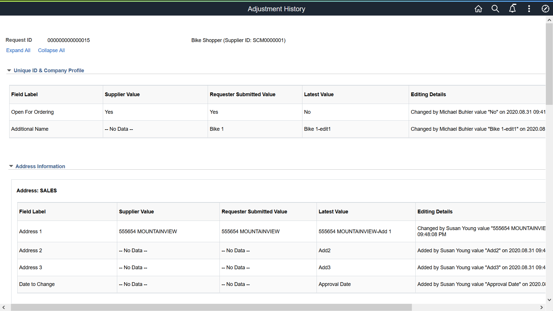 Supplier Change Request Adjustment History page