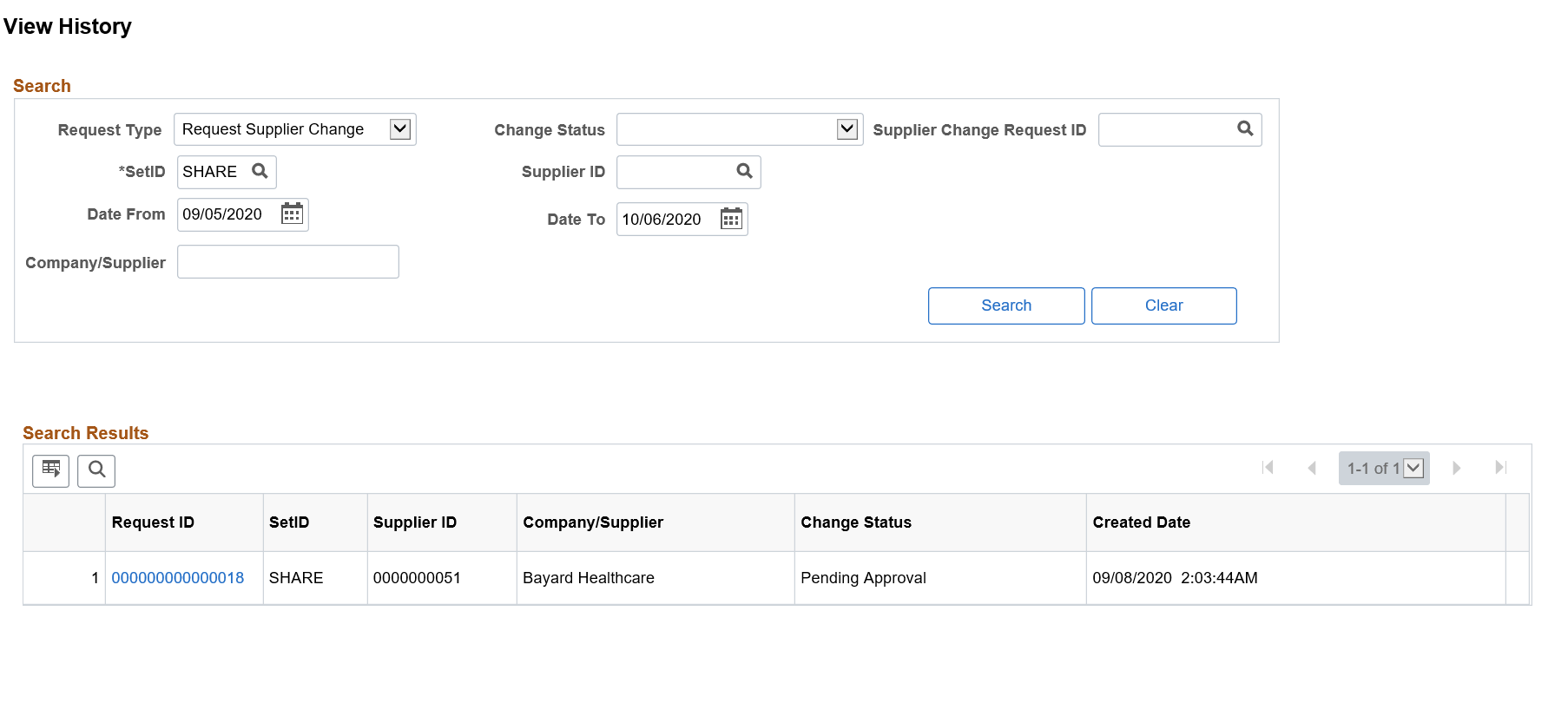 View History page (Supplier Change Request)