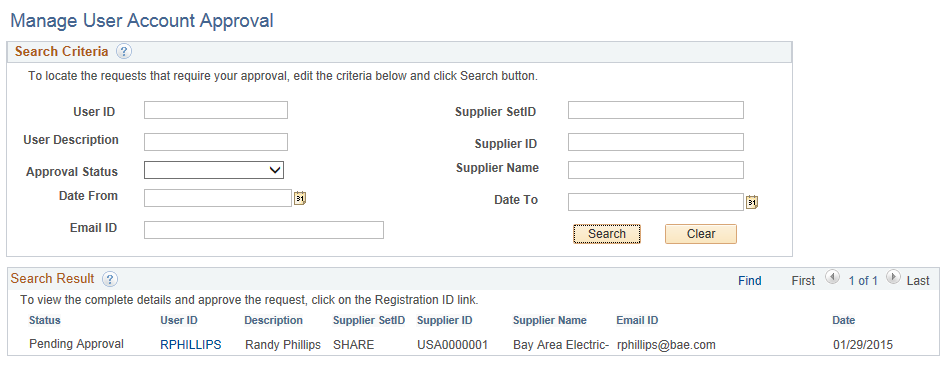 Manage User Account Approval search page