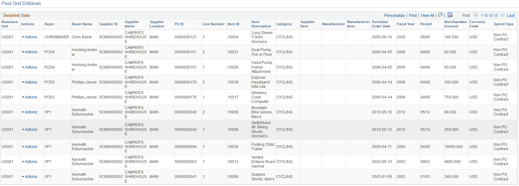 Top 10 Category Spend - Pivot Grid Drilldown page