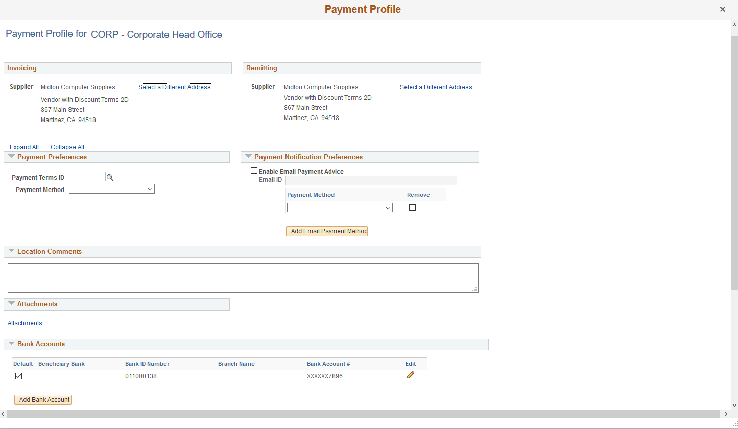 Supplier Change Request: Payment Profile secondary page (1 of 2)