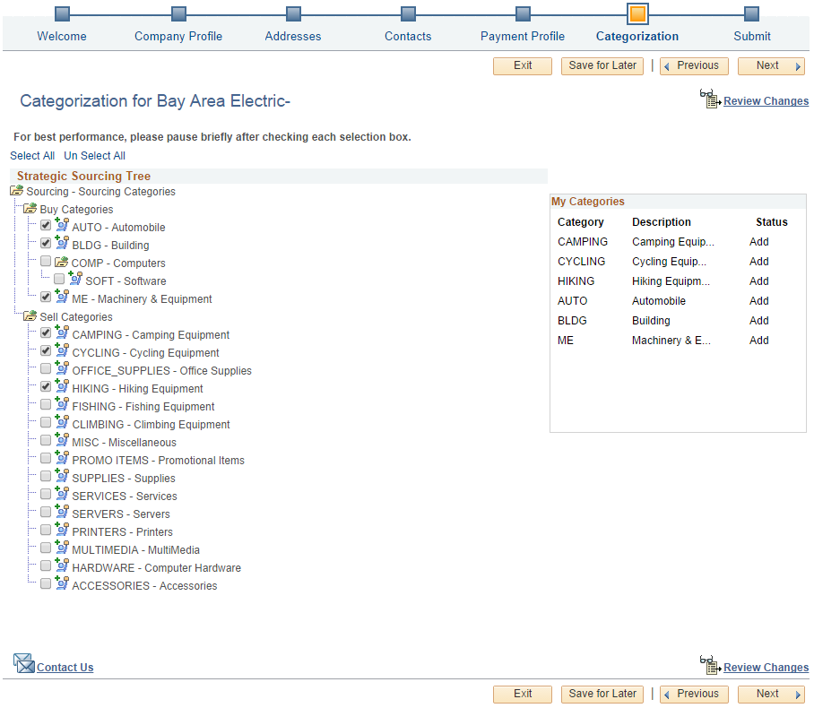 Supplier Change Request: Categorization page