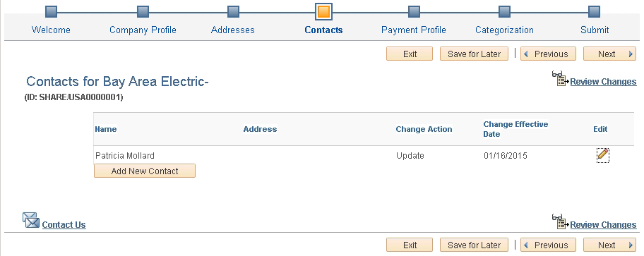 Supplier Change Request: Contacts page