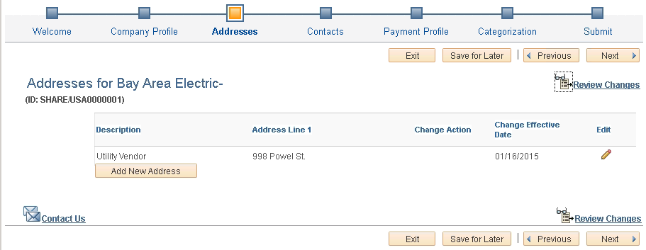 Supplier Change Request: Addresses page