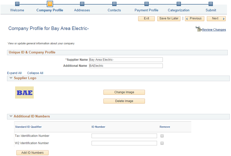 Supplier Change Request: Company Profile page (1 of 3)