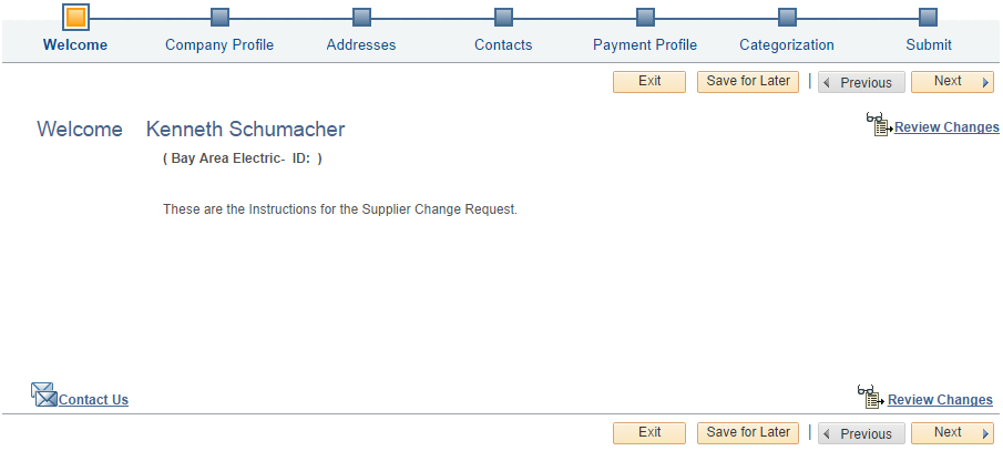 Supplier Change Request: Welcome page