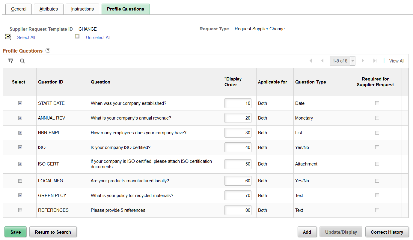 Supplier Request Templates - Profile Questions page (Supplier Change Request)