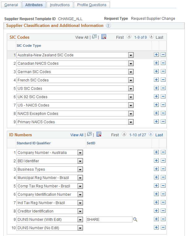 Supplier Request Templates - Attributes page, 1 of 2 (Supplier Change Request)