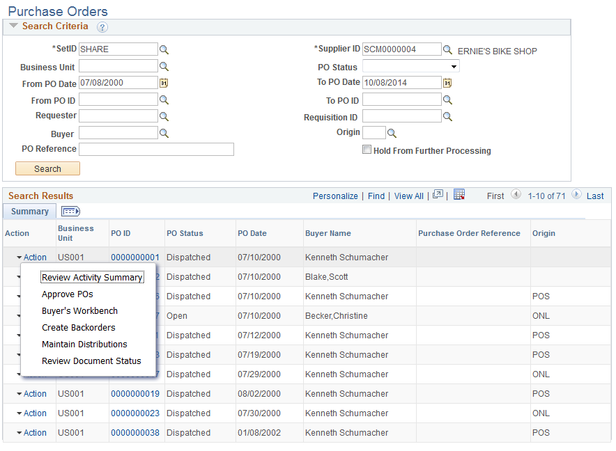 Purchase Orders page