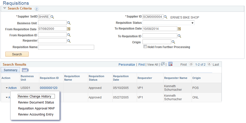 Requisitions page