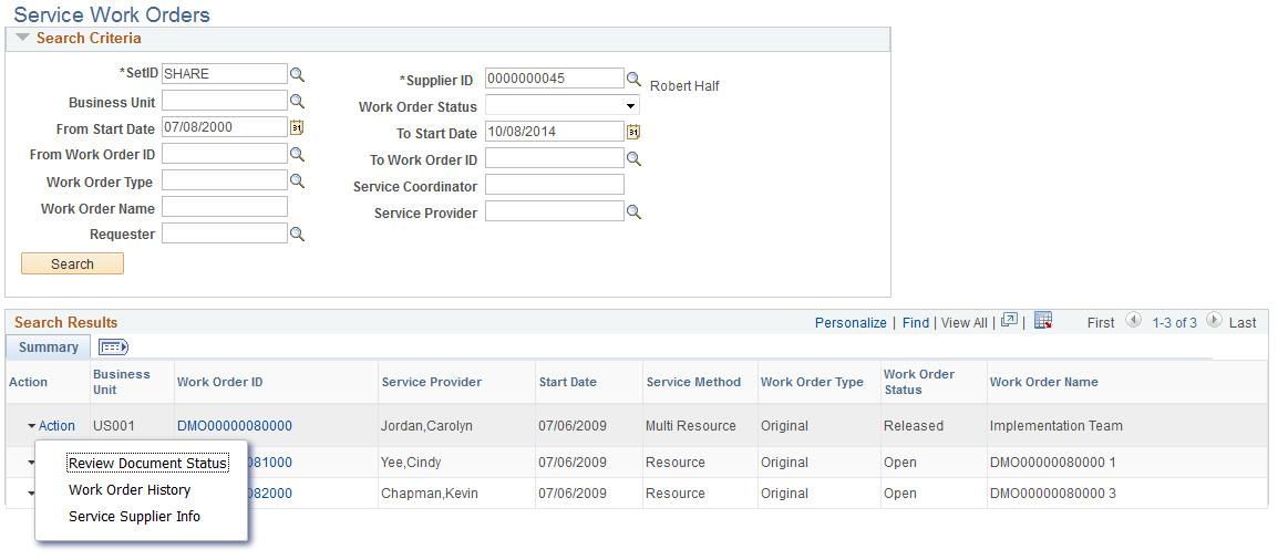 Service Work Orders page