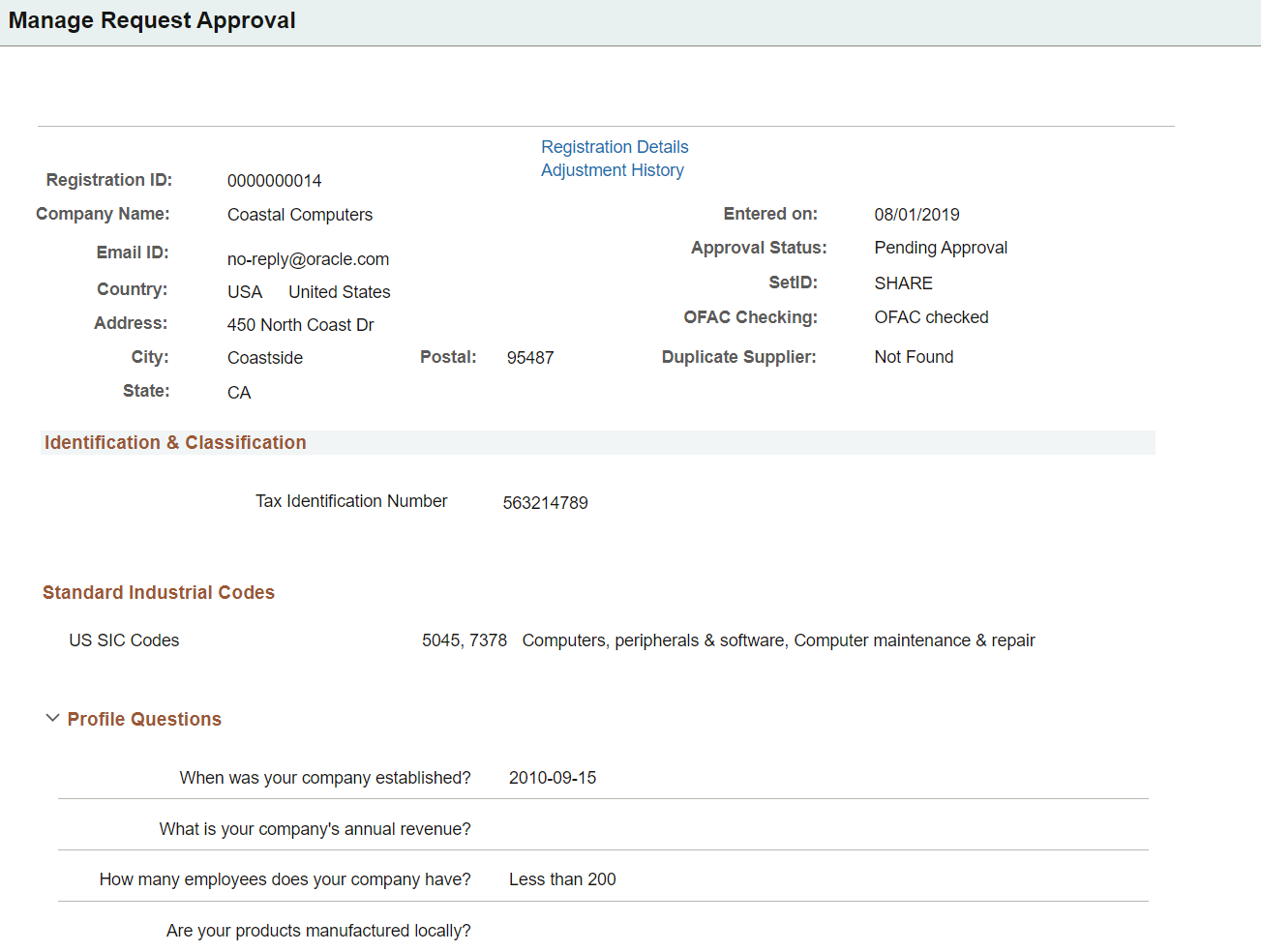 Manage Request Approval page, 1 of 2 (supplier registration detail)