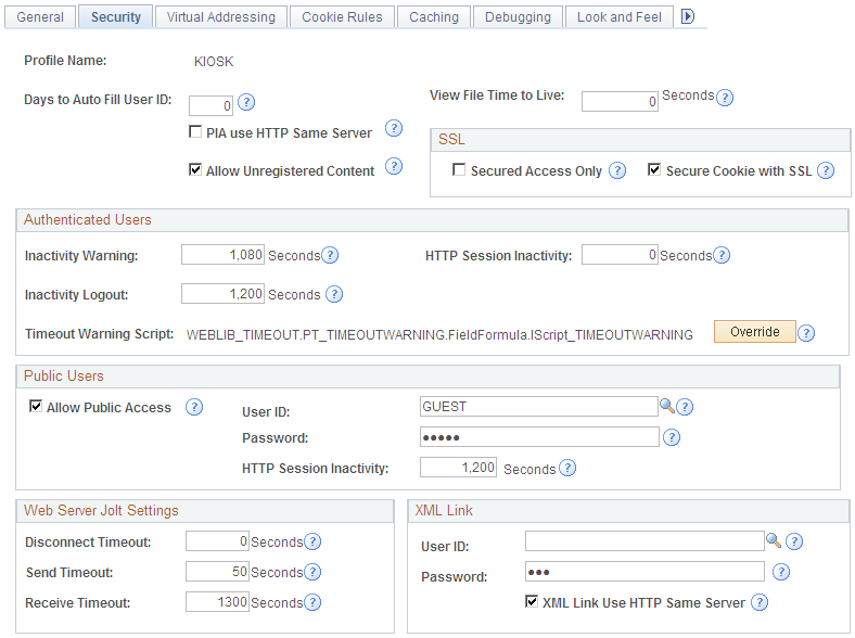 Example of the Web Profile Configuration - Security page