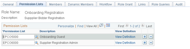 Example of the Roles - Permission Lists page