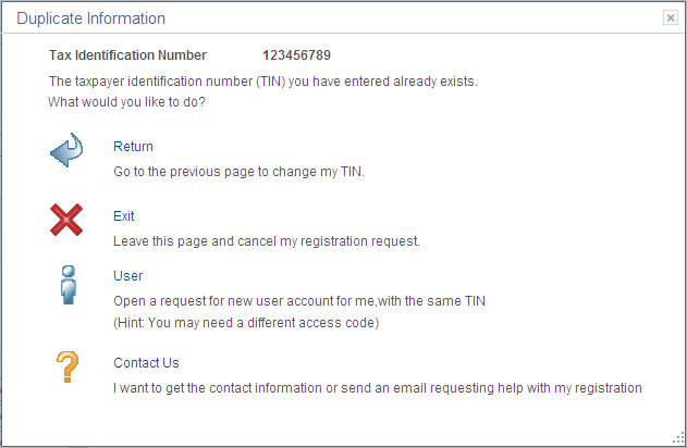 Duplicate Information page