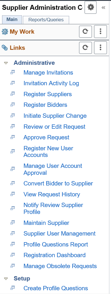 Supplier Administration Center - Links pagelet