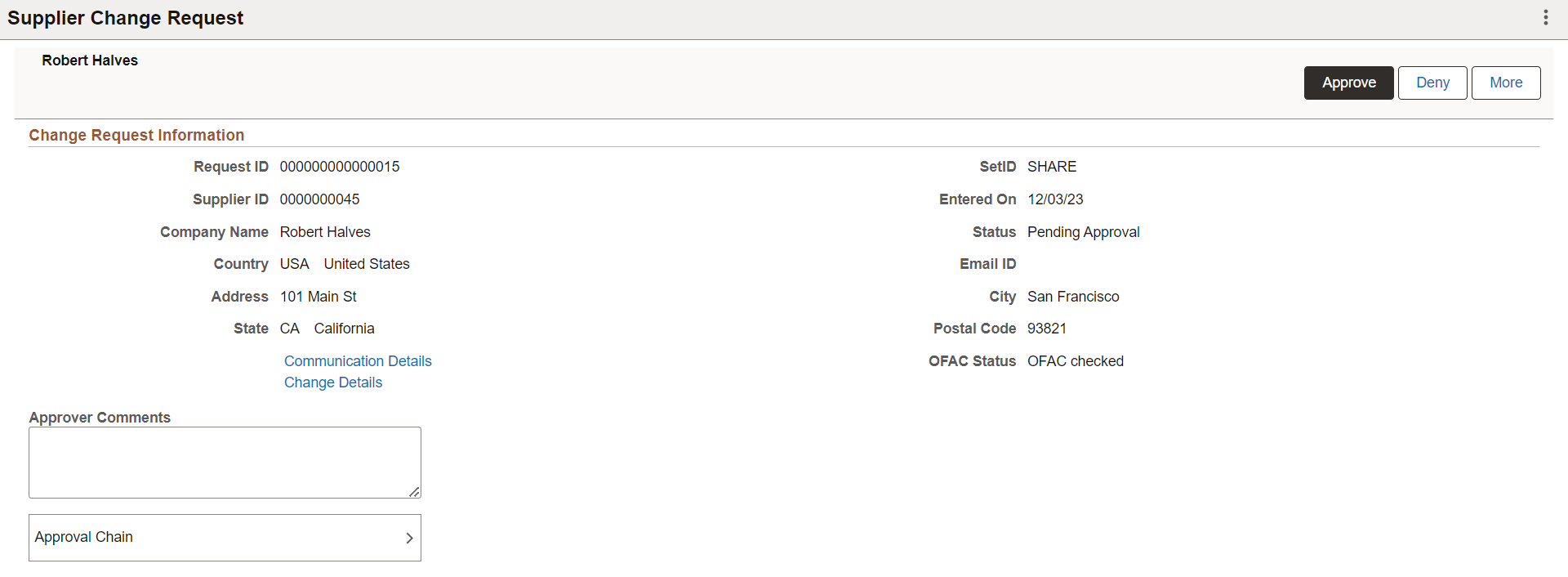 Approval Supplier Change Request Details