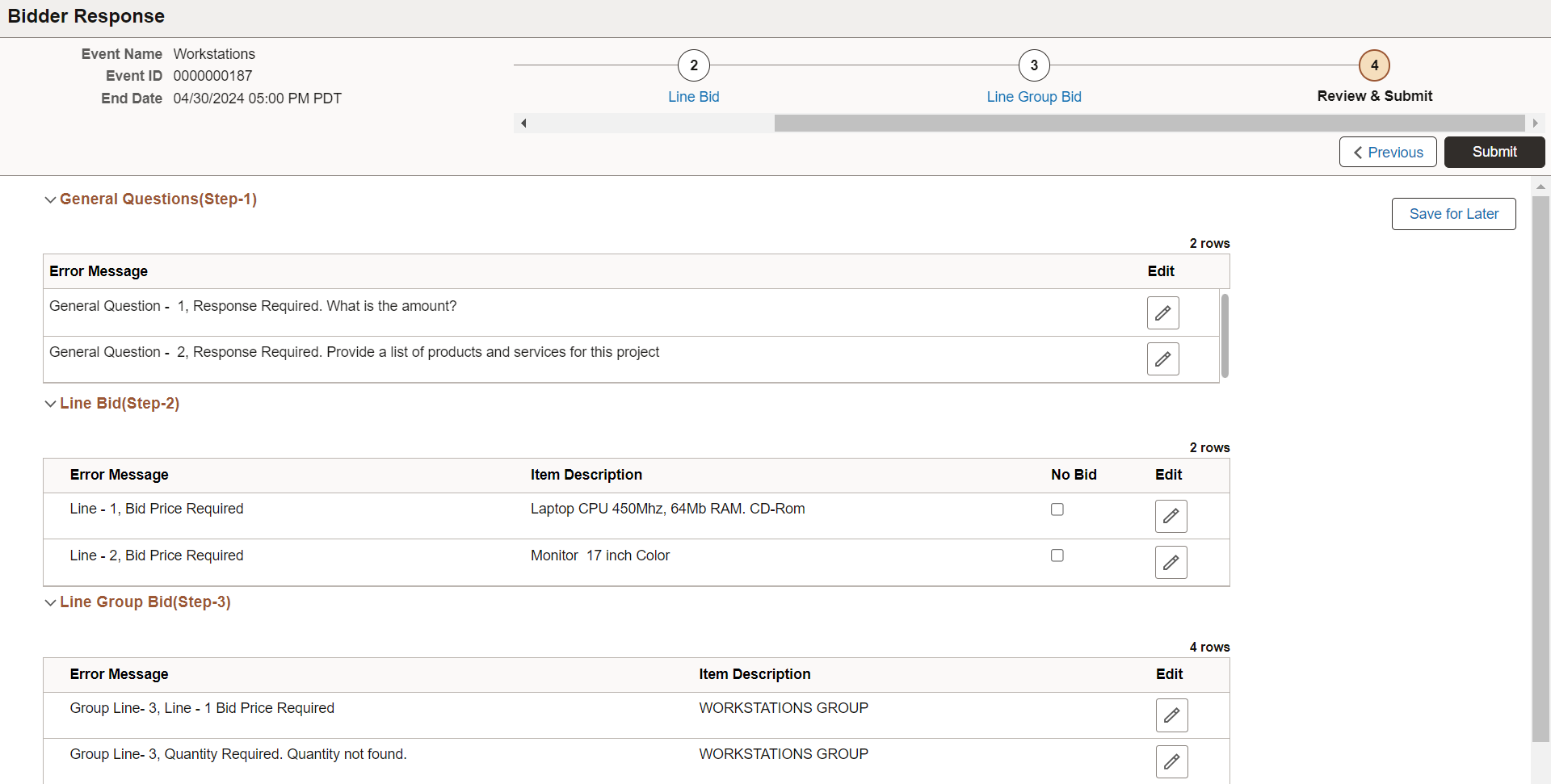 Bidder Response - Review and Submit page with errors