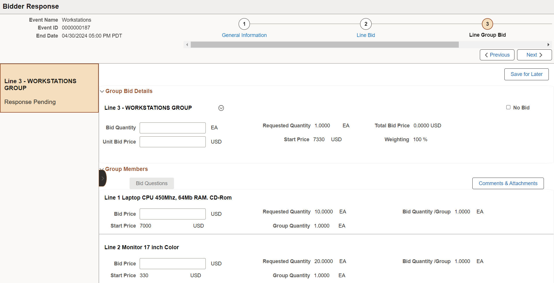 RFX Bidder Response Line Bid Group