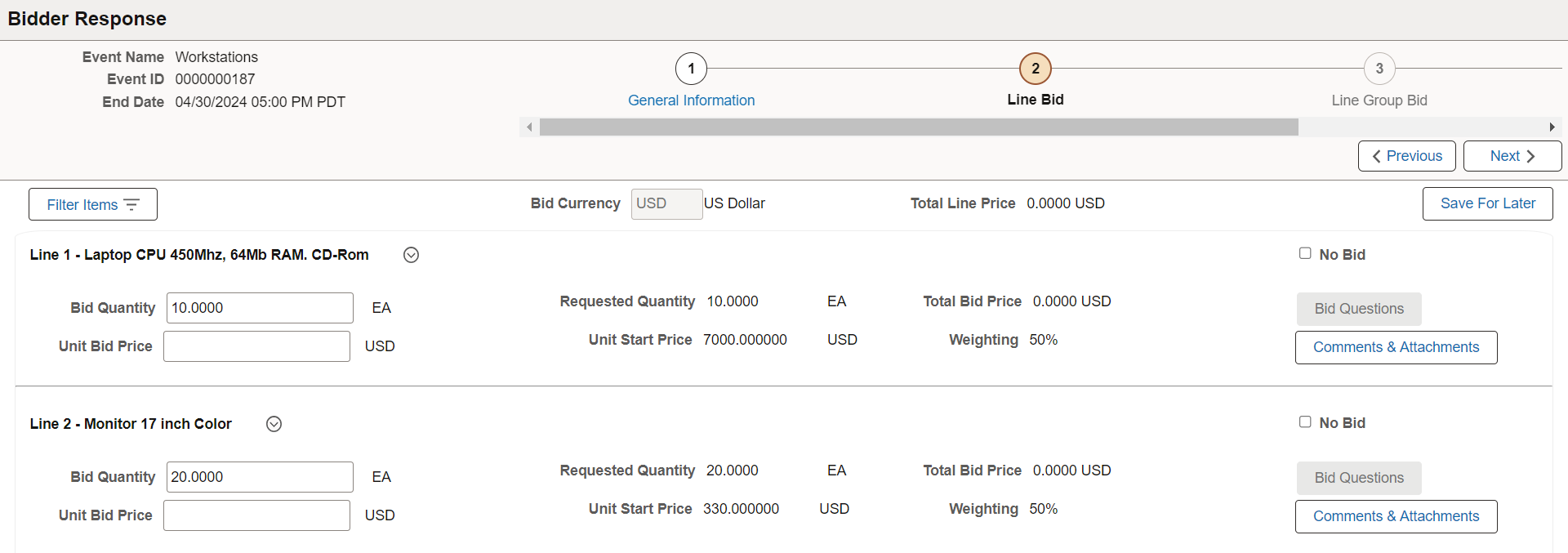 RFX Bidder Response Line Bid